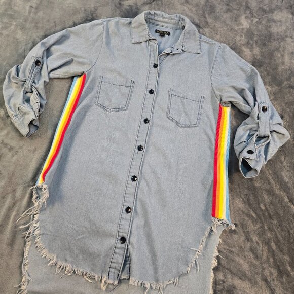 Kroix Shirt Womens Medium Blue Chambray Longline Distressed Rainbow Tunic - Picture 12 of 13